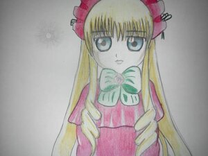 Rating: Safe Score: 0 Tags: 1girl auto_tagged blonde_hair blue_eyes bow bowtie dress drill_hair green_bow grey_background hat image long_hair looking_at_viewer photo red_dress shinku sidelocks simple_background solo traditional_media upper_body User: admin