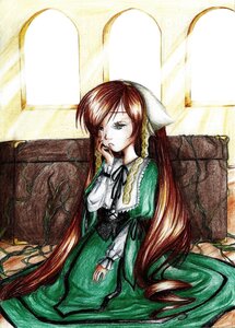 Rating: Safe Score: 0 Tags: 1girl brown_hair dress green_dress green_eyes image long_hair long_sleeves ribbon sitting solo suiseiseki very_long_hair User: admin