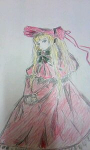 Rating: Safe Score: 0 Tags: 1girl blonde_hair blue_eyes blurry dress image long_hair long_sleeves looking_at_viewer photo pink_dress shinku solo User: admin