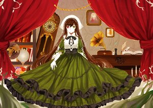 Rating: Safe Score: 0 Tags: 1girl brown_hair clock curtains dress flower frills green_dress green_eyes heterochromia image long_hair looking_at_viewer red_eyes rose solo suiseiseki very_long_hair User: admin