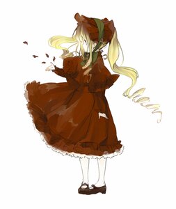 Rating: Safe Score: 0 Tags: 1girl blonde_hair bonnet bow dress full_body image long_hair long_sleeves pantyhose shinku shoes solo striped white_legwear User: admin