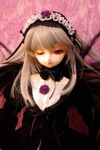 Rating: Safe Score: 0 Tags: 1girl black_dress black_wings detached_collar doll dress flower frills gothic_lolita hairband lolita_fashion lolita_hairband long_hair long_sleeves looking_at_viewer one_eye_closed red_eyes rose silver_hair solo suigintou wings User: admin