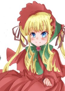 Rating: Safe Score: 0 Tags: 1girl blonde_hair blue_eyes blush bonnet bow bowtie dress flower green_bow image long_hair long_sleeves looking_at_viewer red_dress rose shinku sidelocks simple_background solo twintails white_background User: admin