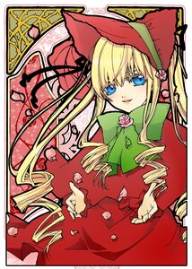 Rating: Safe Score: 0 Tags: 1girl blonde_hair blue_eyes bonnet bow dress drill_hair flower green_bow image long_hair long_sleeves looking_at_viewer pink_flower pink_rose red_dress ringlets rose shinku solo twin_drills upper_body User: admin