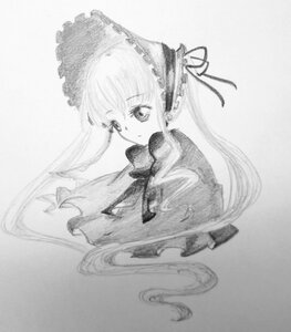 Rating: Safe Score: 0 Tags: 1girl bow closed_mouth dress greyscale image long_hair looking_at_viewer monochrome photo shinku simple_background solo traditional_media twintails very_long_hair User: admin