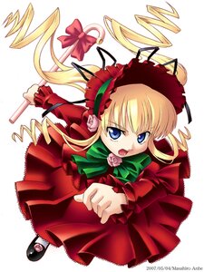 Rating: Safe Score: 0 Tags: 1girl anbe_masahiro blonde_hair blue_eyes bonnet bow bowtie dress drill_hair flower full_body green_bow image long_hair long_sleeves open_mouth red_dress rose rozen_maiden shinku shoes simple_background solo twin_drills twintails white_background User: admin