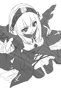 Rating: Safe Score: 0 Tags: 1girl black_wings detached_collar dress feathered_wings feathers flower frills greyscale hairband image juliet_sleeves long_hair long_sleeves looking_at_viewer monochrome puffy_sleeves ribbon rose simple_background solo suigintou very_long_hair white_background wings User: admin