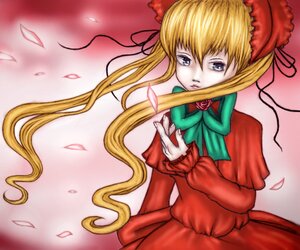 Rating: Safe Score: 0 Tags: 1girl blonde_hair blue_eyes bonnet bow capelet dress flower green_bow image long_hair long_sleeves looking_at_viewer petals red_dress rose rose_petals shinku sidelocks solo User: admin