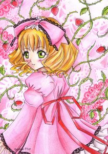 Rating: Safe Score: 0 Tags: 1girl apple blonde_hair bow cherry dress drill_hair flower food fruit grapes green_eyes hair_bow hina_ichigo hinaichigo holding_fruit image juliet_sleeves long_sleeves looking_at_viewer object_namesake pink_bow puffy_sleeves ribbon short_hair solo strawberry strawberry_hair_ornament strawberry_print traditional_media vines User: admin