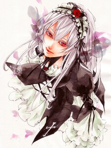 Rating: Safe Score: 0 Tags: 1girl bangs closed_mouth dress flower frills hairband image lips long_hair long_sleeves looking_at_viewer red_eyes ribbon rose silver_hair solo suigintou upper_body User: admin