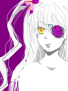 Rating: Safe Score: 0 Tags: 1girl bangs barasuishou feathers flower hair_flower hair_ornament image purple_background purple_flower purple_rose purple_theme rose simple_background solo yellow_eyes User: admin