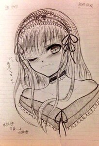 Rating: Safe Score: 0 Tags: 1girl artist_name bare_shoulders choker closed_mouth collarbone dated frills graphite_(medium) hairband image long_hair looking_at_viewer monochrome one_eye_closed photo ribbon signature solo suigintou traditional_media User: admin