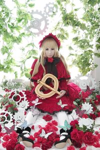 Rating: Safe Score: 0 Tags: 1girl birdcage blonde_hair bonnet bow bug butterfly cage dress flower insect long_hair red_dress red_flower red_rose rose shinku shoes sitting solo User: admin