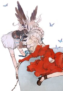 Rating: Safe Score: 0 Tags: 2girls bad_id bad_pixiv_id bent_over black_wings blonde_hair blue_butterfly bonnet bow bug butterfly butterfly_wings closed_eyes doll_joints dress feathered_wings flower fumiyomogi hairband headdress highres holding holding_hair image insect joints kiss long_hair multiple_girls pair red_dress ribbon rozen_maiden shinku silver_hair simple_background sitting skirt standing suigintou thorns upside-down_kiss white_background wings yuri User: admin