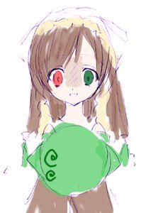 Rating: Safe Score: 0 Tags: 1girl bangs brown_hair dress green_dress green_eyes heterochromia image long_hair looking_at_viewer red_eyes simple_background solo striped suiseiseki white_background User: admin