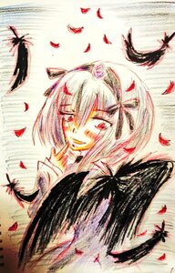 Rating: Safe Score: 0 Tags: 1girl bird black_feathers feathered_wings feathers hair_ribbon image long_hair looking_at_viewer petals red_eyes ribbon smile solo suigintou traditional_media User: admin