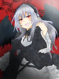 Rating: Safe Score: 0 Tags: 1girl black_wings dress feathered_wings feathers frilled_sleeves frills hairband image long_hair long_sleeves looking_at_viewer open_mouth pink_eyes red_eyes silver_hair smile solo suigintou traditional_media wings User: admin