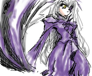 Rating: Safe Score: 0 Tags: 1girl barasuishou dress frills image long_hair long_sleeves looking_at_viewer purple_theme simple_background solo white_background yellow_eyes User: admin