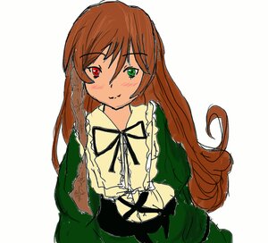 Rating: Safe Score: 0 Tags: 1girl blush brown_hair dress green_dress green_eyes heterochromia image long_hair long_sleeves looking_at_viewer red_eyes ribbon simple_background smile solo suiseiseki upper_body very_long_hair white_background User: admin