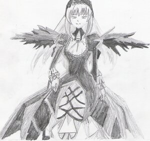 Rating: Safe Score: 0 Tags: 1girl black_wings dress feathered_wings frills greyscale hairband image long_hair long_sleeves monochrome simple_background solo standing suigintou traditional_media very_long_hair white_background wings User: admin