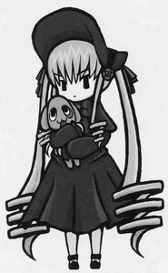 Rating: Safe Score: 0 Tags: 1girl blush dress full_body greyscale image long_hair long_sleeves monochrome shinku shoes solo standing striped stuffed_animal very_long_hair wings User: admin