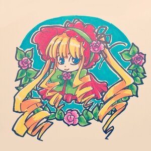 Rating: Safe Score: 0 Tags: 1girl blonde_hair blue_eyes bonnet bow bowtie capelet dress drill_hair flower image long_hair long_sleeves looking_at_viewer marker_(medium) pink_flower pink_rose red_flower red_rose ringlets rose shinku simple_background solo traditional_media twin_drills User: admin