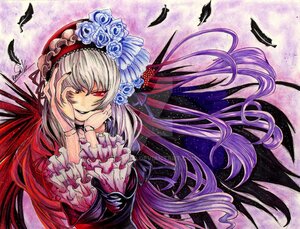 Rating: Safe Score: 0 Tags: 1girl bird dress feathers flower frills hairband hands_on_own_cheeks hands_on_own_face image long_hair red_eyes rose smile solo suigintou traditional_media very_long_hair wings User: admin