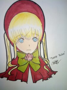Rating: Safe Score: 0 Tags: 1girl bangs blonde_hair blue_eyes bonnet bow bowtie capelet closed_mouth expressionless eyebrows_visible_through_hair flower green_bow green_neckwear grey_background image long_hair looking_at_viewer photo portrait red_capelet red_dress red_headwear rose shinku signature simple_background solo traditional_media twintails upper_body User: admin