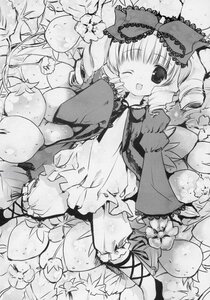 Rating: Safe Score: 0 Tags: 1girl bloomers blush bow dress drill_hair flower fruit greyscale hair_bow hina_ichigo hinaichigo image long_sleeves monochrome one_eye_closed open_mouth ribbon smile solo traditional_media underwear User: admin