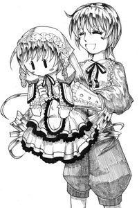 Rating: Safe Score: 0 Tags: 2girls :d closed_eyes frills greyscale image long_hair long_sleeves monochrome multiple_girls open_mouth pair ribbon short_hair shorts siblings sisters smile souseiseki suiseiseki User: admin