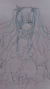 Rating: Safe Score: 0 Tags: 1girl choker dress frills image kirakishou long_hair long_sleeves looking_at_viewer monochrome simple_background sketch solo traditional_media two_side_up User: admin