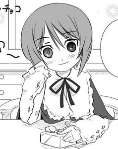 Rating: Safe Score: 0 Tags: 1girl blush closed_mouth food frills greyscale holding holding_food image long_sleeves monochrome neck_ribbon ribbon short_hair smile solo souseiseki User: admin