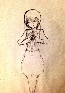 Rating: Safe Score: 0 Tags: 1girl blush capelet closed_eyes full_body image monochrome short_hair smile solo souseiseki standing User: admin