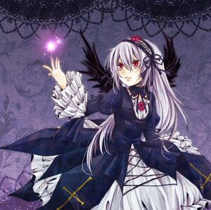 Rating: Safe Score: 0 Tags: 1girl black_wings dress flower frilled_sleeves frills hairband image long_hair long_sleeves pink_eyes red_eyes silver_hair solo suigintou wings User: admin