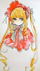 Rating: Safe Score: 0 Tags: 1girl bangs blonde_hair blue_eyes bonnet bow bowtie dress drill_hair flower image long_hair looking_at_viewer marker_(medium) photo pink_flower pink_rose red_dress rose shinku simple_background solo traditional_media twintails upper_body watercolor_(medium) User: admin