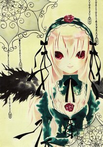 Rating: Safe Score: 0 Tags: 1girl black_ribbon dress flower frills hairband image long_hair long_sleeves looking_at_viewer red_eyes ribbon rose simple_background smile solo suigintou traditional_media twitter_username wings User: admin