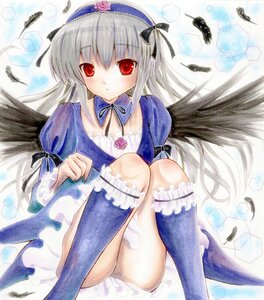 Rating: Safe Score: 0 Tags: 1girl black_wings dress feathers flower frills hairband image kneehighs long_hair looking_at_viewer marker_(medium) red_eyes rose sample silver_hair solo suigintou traditional_media wings User: admin