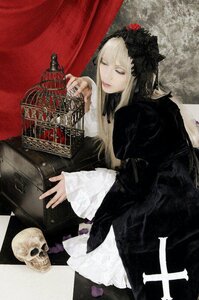 Rating: Safe Score: 0 Tags: 1girl birdcage black_dress blonde_hair cage closed_mouth dress flower gothic_lolita lips long_hair long_sleeves looking_at_viewer rose sitting solo suigintou User: admin