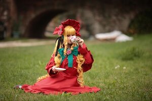Rating: Safe Score: 0 Tags: 1girl auto_tagged blonde_hair blurry bonnet bow depth_of_field dress flower grass long_hair long_sleeves red_dress shinku sitting solo teacup very_long_hair User: admin