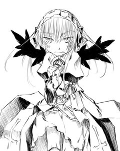 Rating: Safe Score: 0 Tags: 1girl blush dress frills greyscale hairband image lolita_hairband long_hair long_sleeves looking_at_viewer monochrome solo striped suigintou white_background wings User: admin