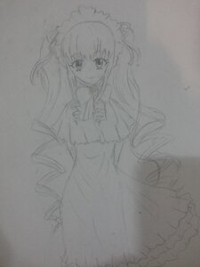 Rating: Safe Score: 0 Tags: 1girl dress frills greyscale image long_hair long_sleeves looking_at_viewer monochrome photo shinku sketch smile solo standing traditional_media very_long_hair User: admin