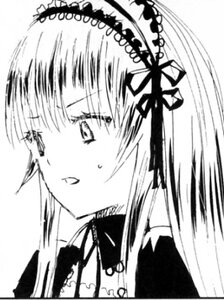 Rating: Safe Score: 0 Tags: 1girl bangs blush greyscale image looking_at_viewer monochrome ribbon simple_background solo suigintou white_background User: admin