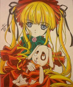 Rating: Safe Score: 0 Tags: 1girl bangs blonde_hair blue_eyes bonnet bow dated dress drill_hair eyebrows_visible_through_hair flower frills green_bow holding image long_hair long_sleeves looking_at_viewer marker_(medium) red_dress rose shinku sidelocks simple_background solo stuffed_animal traditional_media twin_drills twintails User: admin