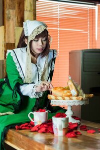 Rating: Safe Score: 0 Tags: 1girl apron brown_hair closed_eyes dress food head_scarf kitchen lips photo plate sitting solo suiseiseki table User: admin