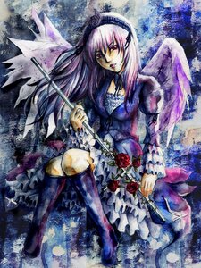 Rating: Safe Score: 0 Tags: 1girl boots dress flower frills gothic_lolita hairband image knee_boots kneehighs long_hair long_sleeves pink_hair red_eyes red_flower red_rose rose sitting solo suigintou traditional_media wings User: admin