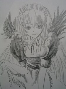 Rating: Safe Score: 0 Tags: 1girl apron closed_mouth dress greyscale image looking_at_viewer monochrome puffy_sleeves smile solo suigintou traditional_media wings User: admin