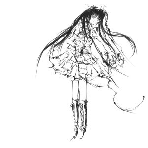 Rating: Safe Score: 0 Tags: 1girl boots dress flower full_body greyscale image kirakishou long_hair monochrome solo standing thighhighs torn_clothes torn_legwear twintails very_long_hair User: admin
