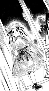 Rating: Safe Score: 0 Tags: 1girl capelet frills greyscale hair_ribbon image long_hair monochrome ribbon shinku solo standing twintails very_long_hair User: admin