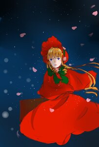 Rating: Safe Score: 0 Tags: 1girl blonde_hair blue_eyes bonnet bow capelet cherry_blossoms dress flower green_bow green_neckwear image long_hair night petals red_capelet red_dress rose rose_petals shinku sky solo User: admin