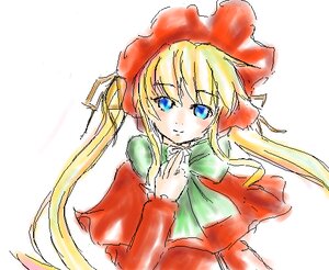 Rating: Safe Score: 0 Tags: 1girl blonde_hair blue_eyes bow bowtie capelet dress green_bow green_neckwear image long_hair long_sleeves looking_at_viewer red_dress shinku simple_background smile solo upper_body white_background User: admin